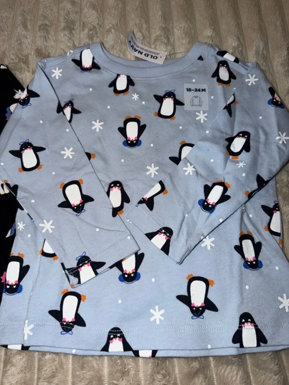 Old Navy Black Unicorn & Light Blue Penguin Long Sleeve Tops